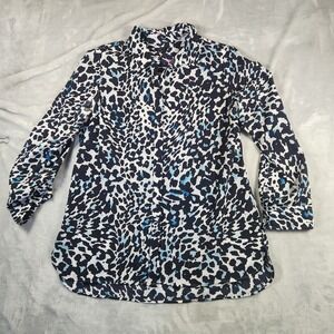 Talbots Blue Leopard Cheetah Print Button Up Shirt Size L Roll Tab Sleeve